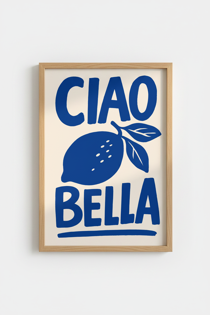 Italian Blue Food Poster | Ciao Bella Lemon Print, Kitchen Mediterranean Wall Art