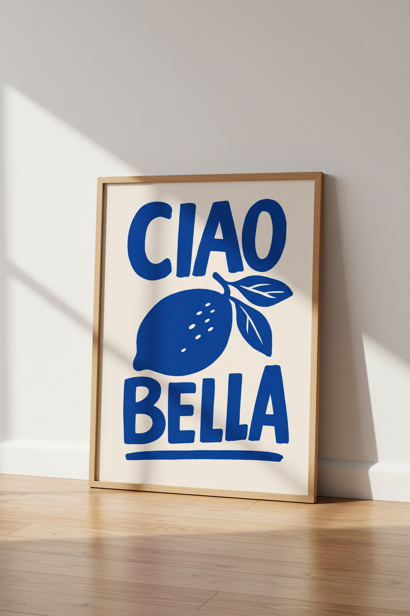Italian Blue Food Poster | Ciao Bella Lemon Print, Kitchen Mediterranean Wall Art