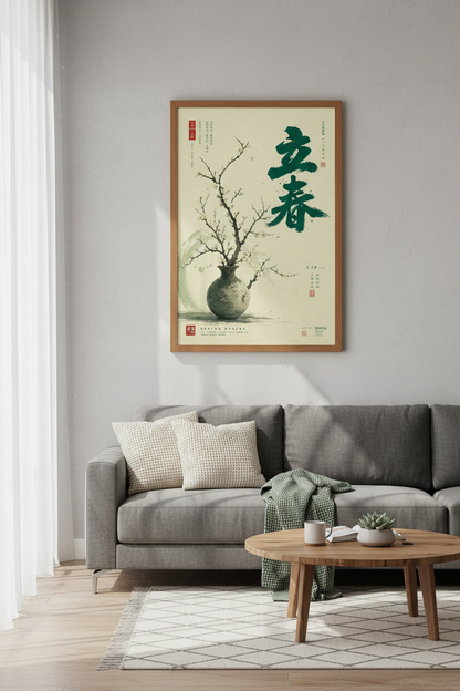 Lichun Spring Caligraphy | Japanese Ink Wash Style, Zen Living Room Decor
