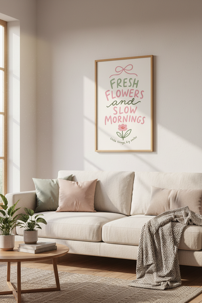 Fresh Flowers Slow Mornings Wall Art | Pink Sage Pastel Poster | Coquette Room Decor