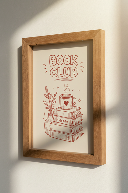 Book Club Line Art Print | Reading Nook Decor | Cozy Bibliophile Poster