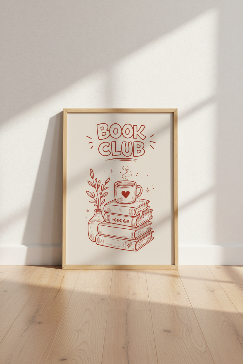 Book Club Line Art Print | Reading Nook Decor | Cozy Bibliophile Poster