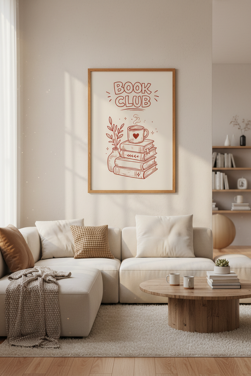 Book Club Line Art Print | Reading Nook Decor | Cozy Bibliophile Poster