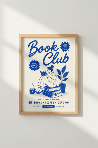 Retro Book Club Poster | Cobalt Blue Library Decor | Bookish Aesthetic Wall Art