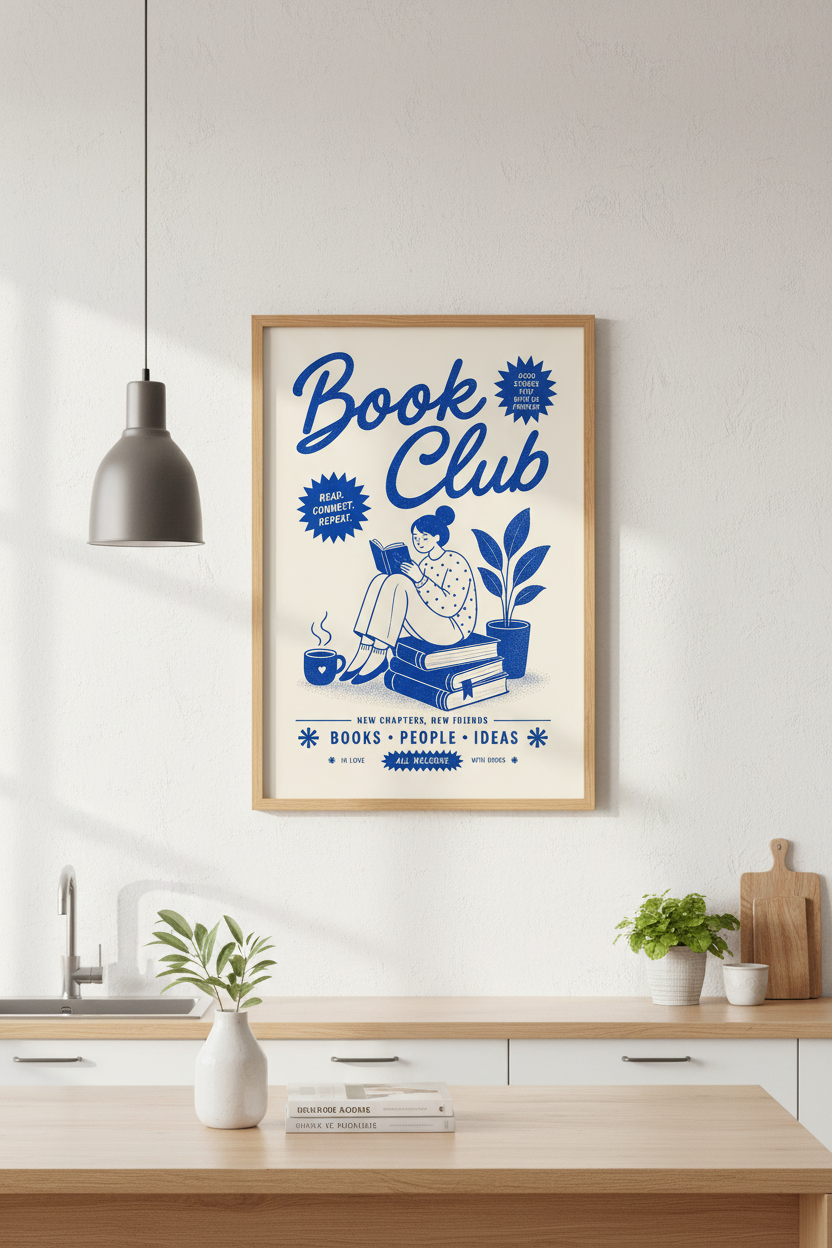 Retro Book Club Poster | Cobalt Blue Library Decor | Bookish Aesthetic Wall Art