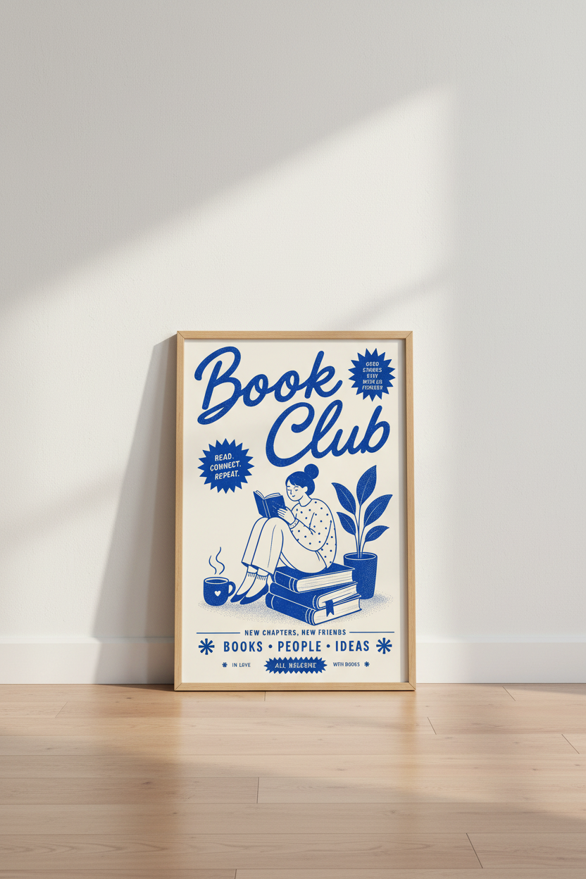 Retro Book Club Poster | Cobalt Blue Library Decor | Bookish Aesthetic Wall Art