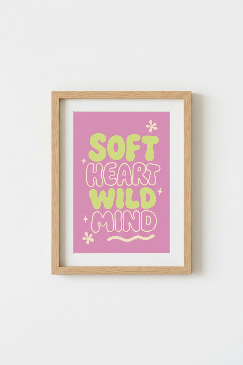 Retro Typography Print | Soft Heart Wild Mind Quote Poster, Pink Preppy Dorm Decor