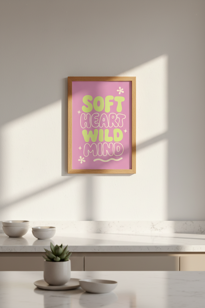 Retro Typography Print | Soft Heart Wild Mind Quote Poster, Pink Preppy Dorm Decor