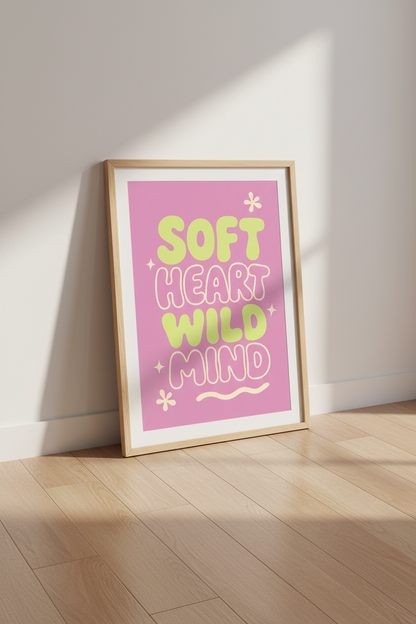 Retro Typography Print | Soft Heart Wild Mind Quote Poster, Pink Preppy Dorm Decor