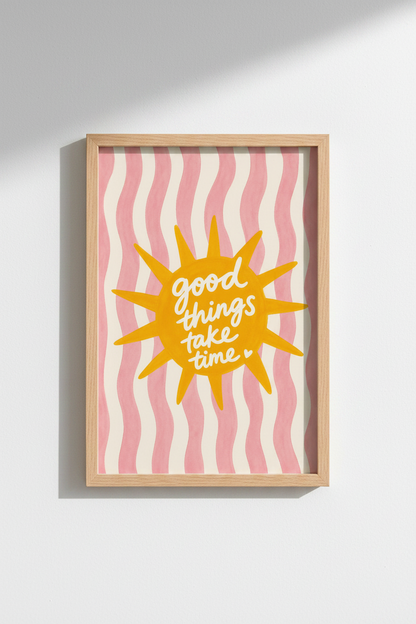 Sun Burst Wall Art | Pink Stripes, Golden Rays, Living Room Decor