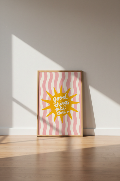 Sun Burst Wall Art | Pink Stripes, Golden Rays, Living Room Decor
