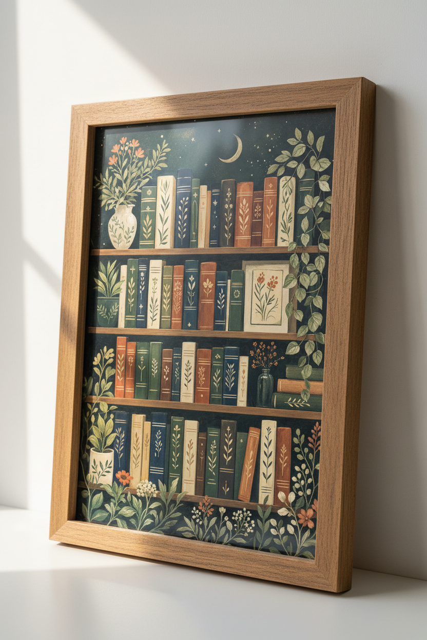 Whimsical Bookshelf Wall Art | Botanical Dark Academia, Library Decor Poster
