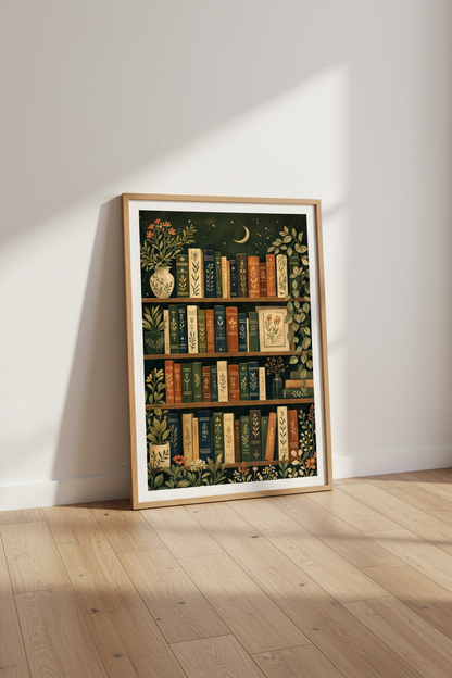 Whimsical Bookshelf Wall Art | Botanical Dark Academia, Library Decor Poster