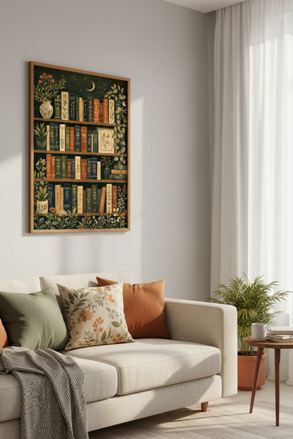 Whimsical Bookshelf Wall Art | Botanical Dark Academia, Library Decor Poster
