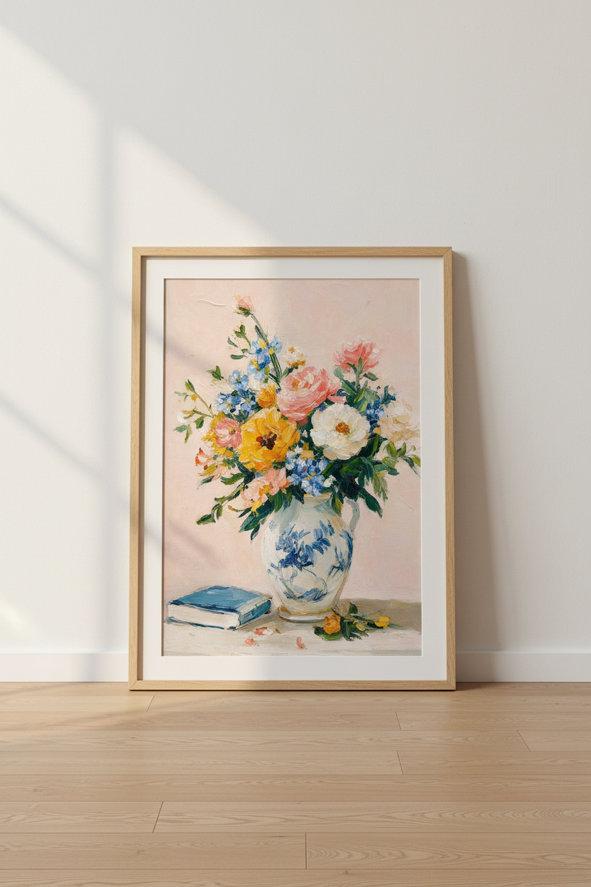 Floral Bouquet Oil Painting | Chinoiserie Vase Wall Art, Pink Bedroom Decor