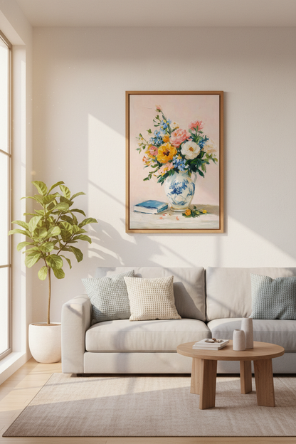Floral Bouquet Oil Painting | Chinoiserie Vase Wall Art, Pink Bedroom Decor