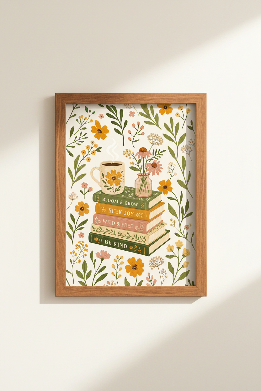Wildflower Book Wall Art Print | Cozy Reading Nook Decor | Cottagecore Floral Poster