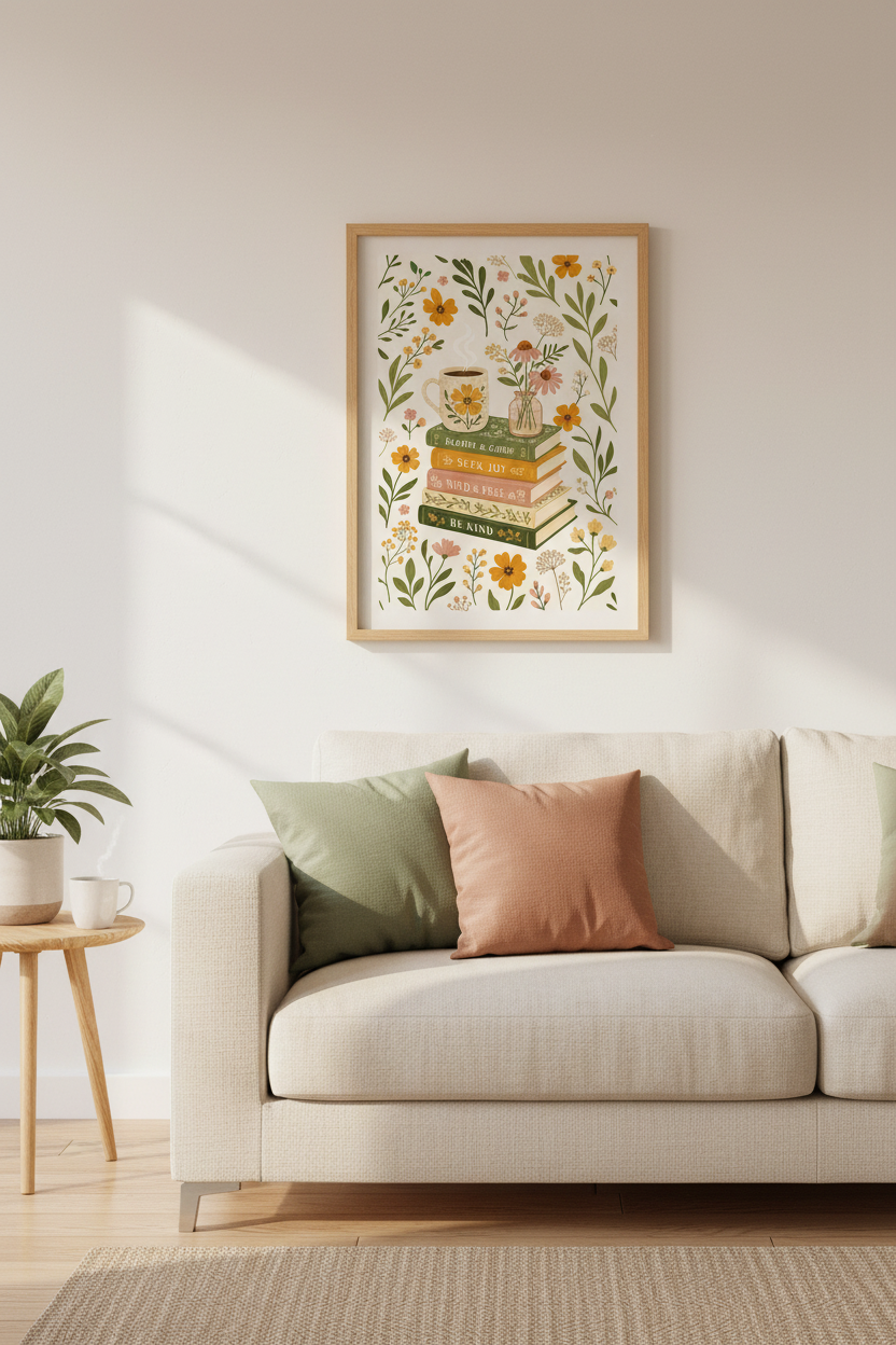 Wildflower Book Wall Art Print | Cozy Reading Nook Decor | Cottagecore Floral Poster