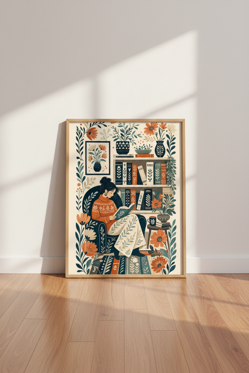 Reading Nook Floral Art | Folk Style Bookish Poster, Library Wall Decor