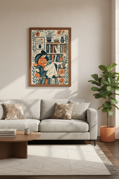 Reading Nook Floral Art | Folk Style Bookish Poster, Library Wall Decor