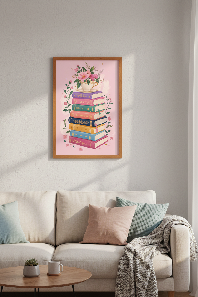 Floral Book Stack Wall Art | Whimsical Teacup Poster, Reading Nook Decor