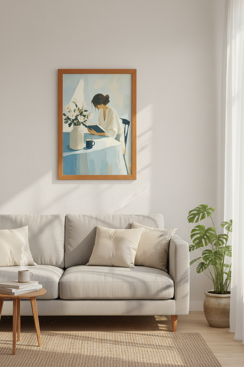 Woman Reading Book | Blue Impressionist Painting, Living Room Decor