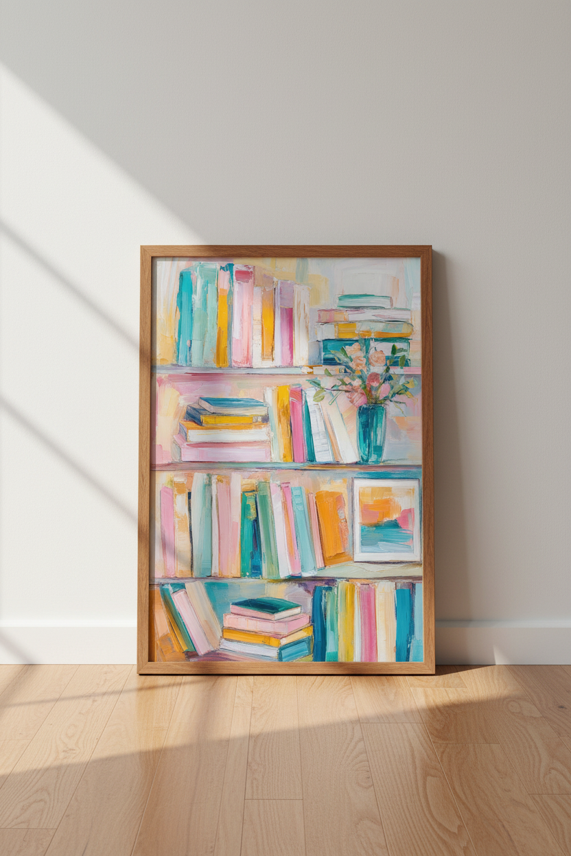 Pastel Bookshelf Oil Painting Print | Reading Nook Wall Decor | Cozy Bookish Poster