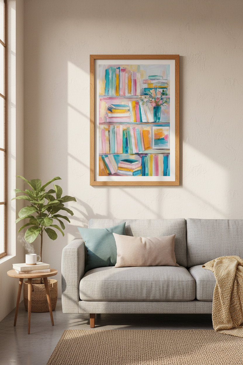 Pastel Bookshelf Oil Painting Print | Reading Nook Wall Decor | Cozy Bookish Poster