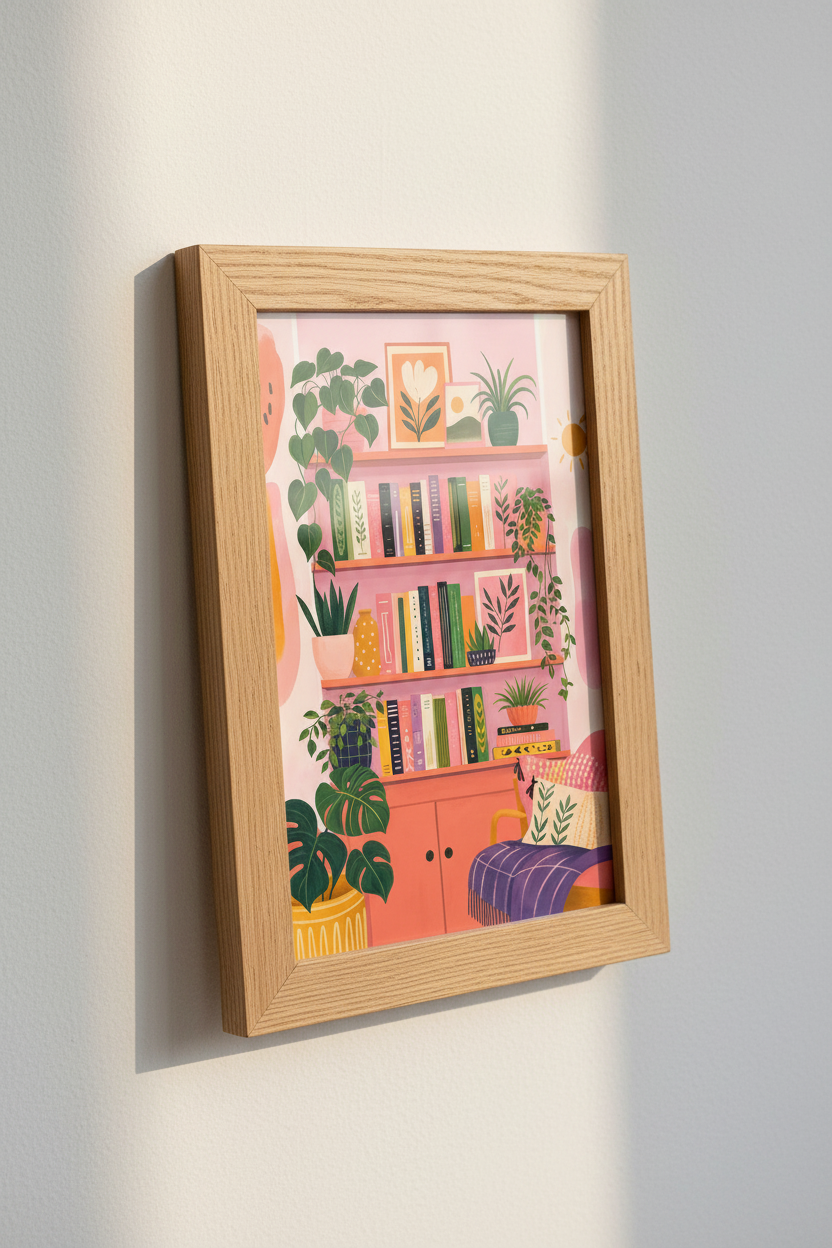 Colorful Bookshelf &amp; Plants Art Print | Boho Pink Library Decor | Maximalist Poster