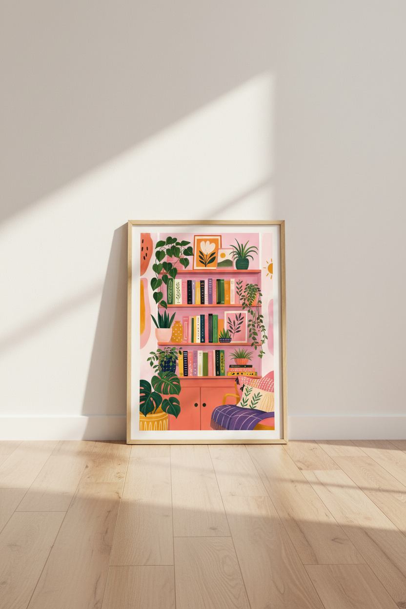 Colorful Bookshelf &amp; Plants Art Print | Boho Pink Library Decor | Maximalist Poster