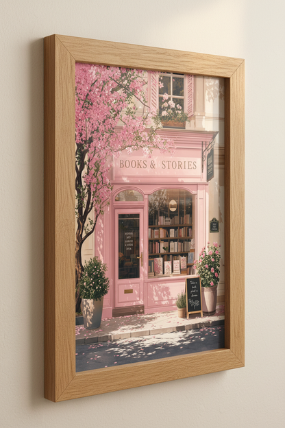 Pink French Bookstore Wall Art | Romantic Paris Shop Decor | Pastel Floral Poster
