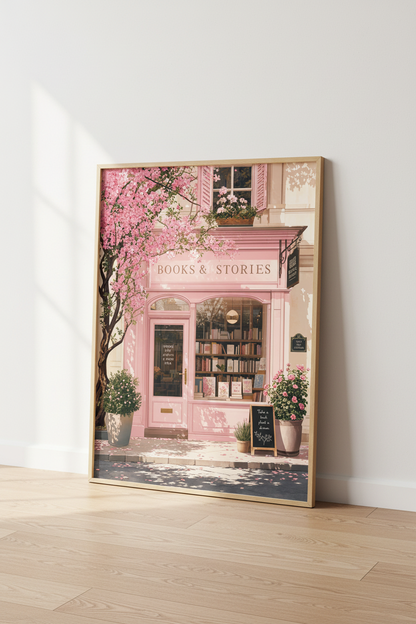 Pink French Bookstore Wall Art | Romantic Paris Shop Decor | Pastel Floral Poster
