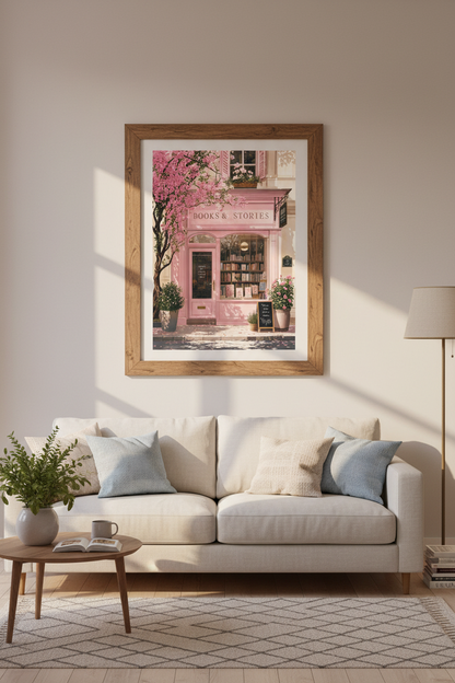 Pink French Bookstore Wall Art | Romantic Paris Shop Decor | Pastel Floral Poster