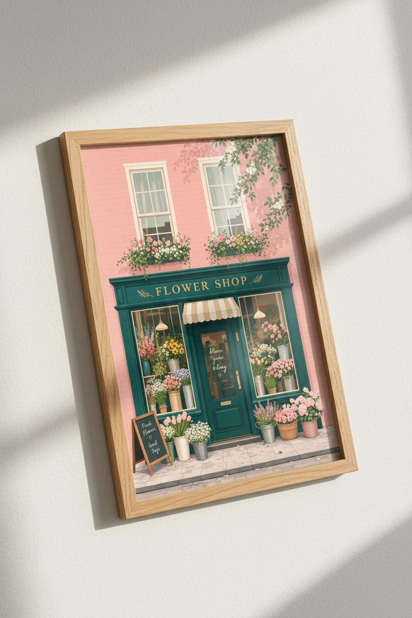 Flower Shop Wall Art | Pink Teal Floral Print, Boutique Storefront Decor