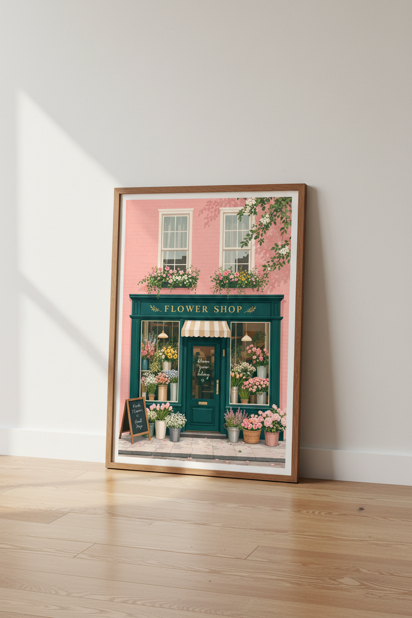 Flower Shop Wall Art | Pink Teal Floral Print, Boutique Storefront Decor