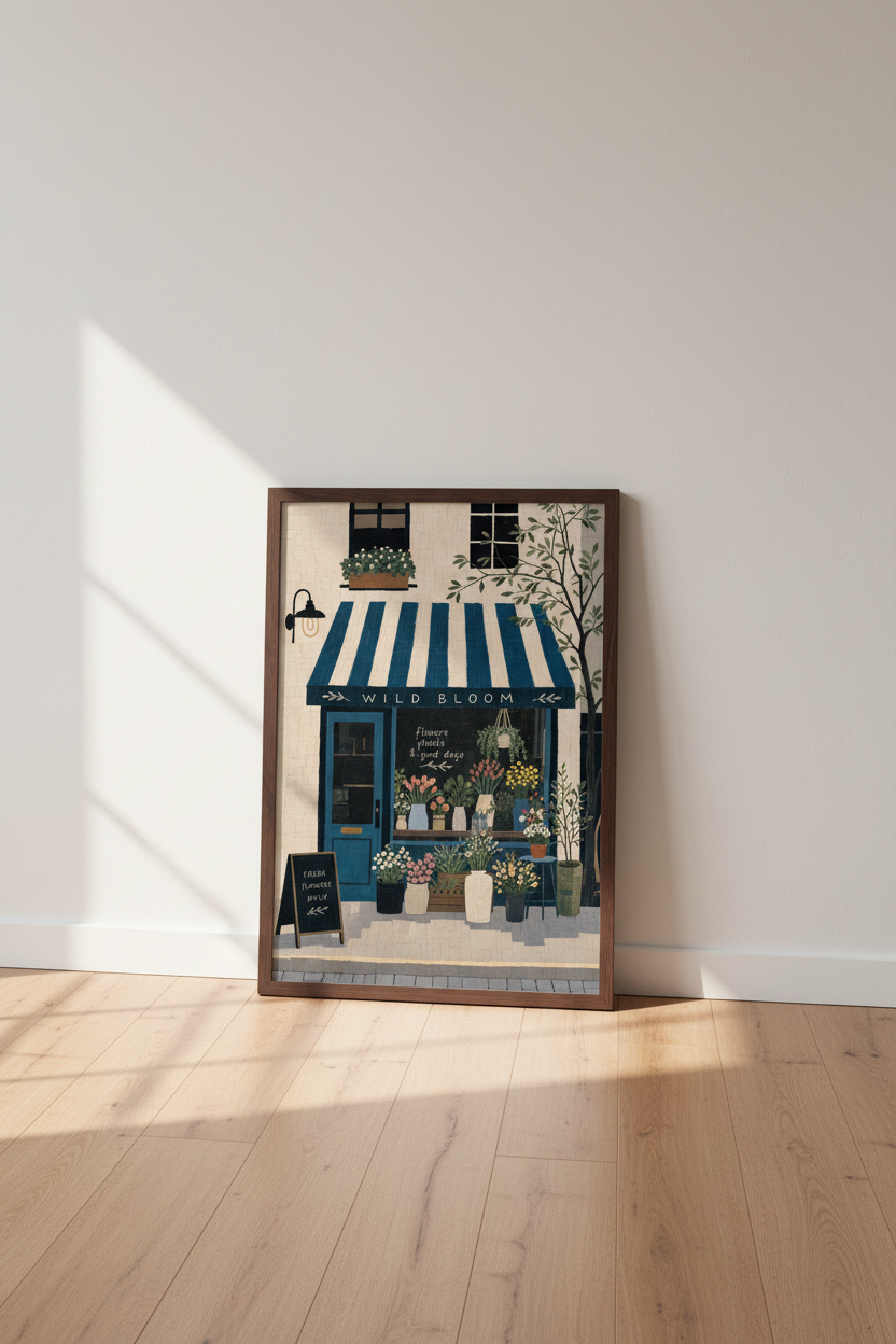 Flower Shop Storefront Art | Blue &amp; White Botanical Print, Cottagecore Decor