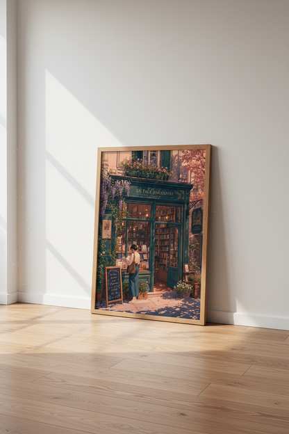 Vintage French Bookstore Print | Cozy Library Wall Art | Whimsical Parisian Poster