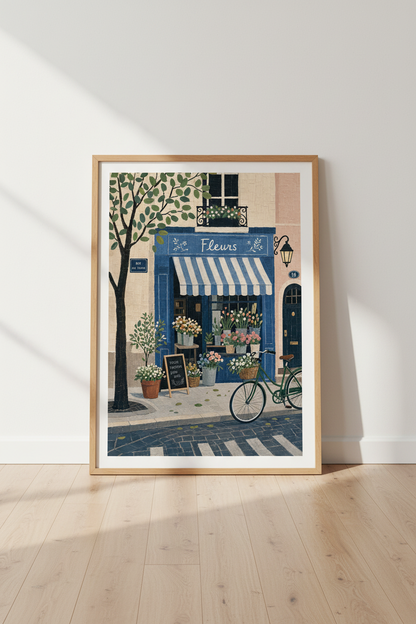 Paris Flower Shop Wall Art | French Street Scene Poster, Blue Floral Storefront