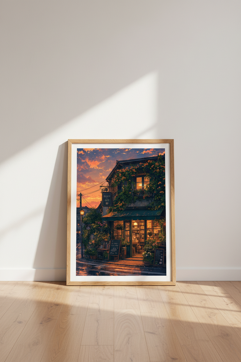 Japanese Bookstore Cafe Wall Art | Sunset Anime Scene, Cozy Lofi Decor Poster