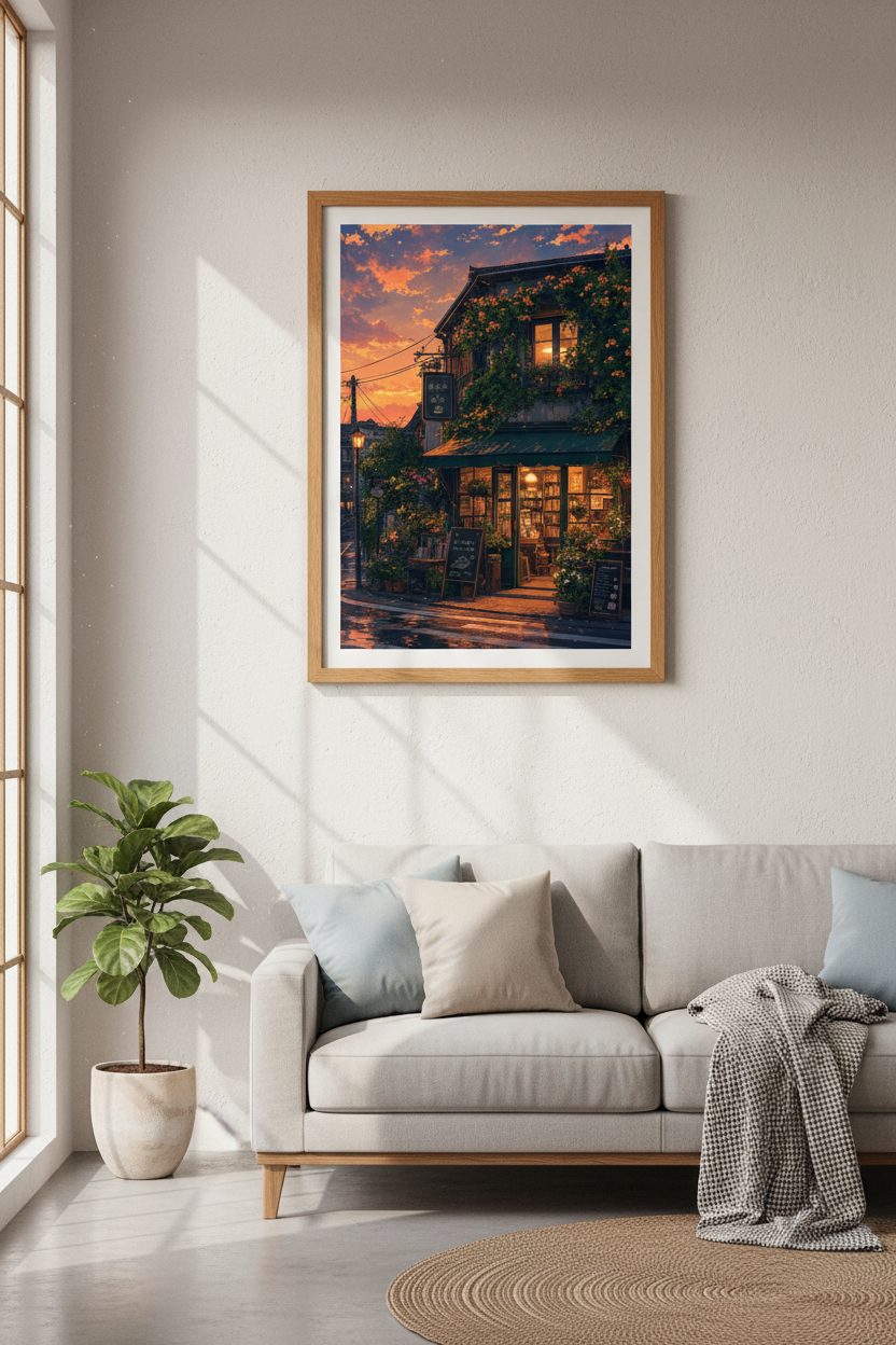 Japanese Bookstore Cafe Wall Art | Sunset Anime Scene, Cozy Lofi Decor Poster