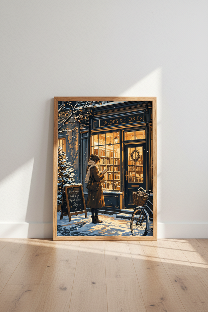 Cozy Winter Bookstore Wall Art | Dark Academia Reading Nook Decor | Snowy Shop Poster