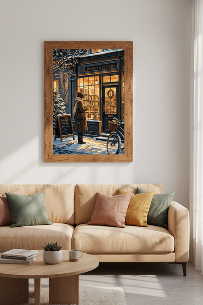 Cozy Winter Bookstore Wall Art | Dark Academia Reading Nook Decor | Snowy Shop Poster