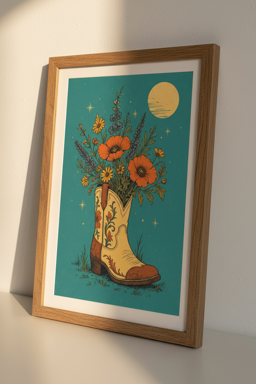 Floral Cowboy Boot Wall Art | Teal Western Decor | Boho Desert Poster