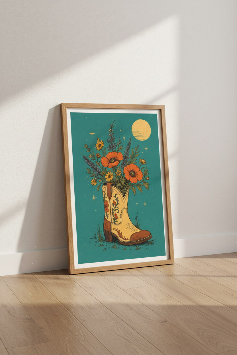 Floral Cowboy Boot Wall Art | Teal Western Decor | Boho Desert Poster