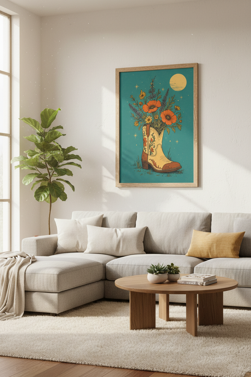 Floral Cowboy Boot Wall Art | Teal Western Decor | Boho Desert Poster