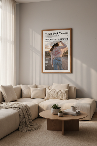 Western Newspaper Poster | Coastal Cowgirl Art, Retro Pink Desert Decor