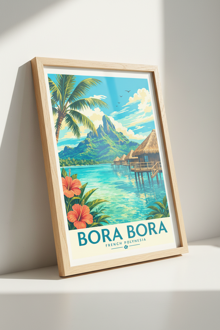 Bora Bora Travel Poster | Tropical French Polynesia Art Print, Retro Coastal Decor