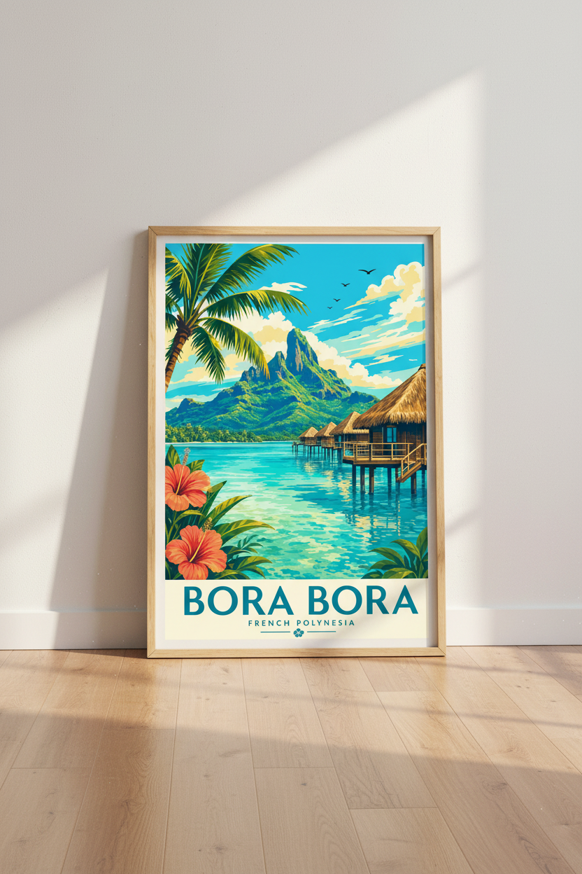 Bora Bora Travel Poster | Tropical French Polynesia Art Print, Retro Coastal Decor