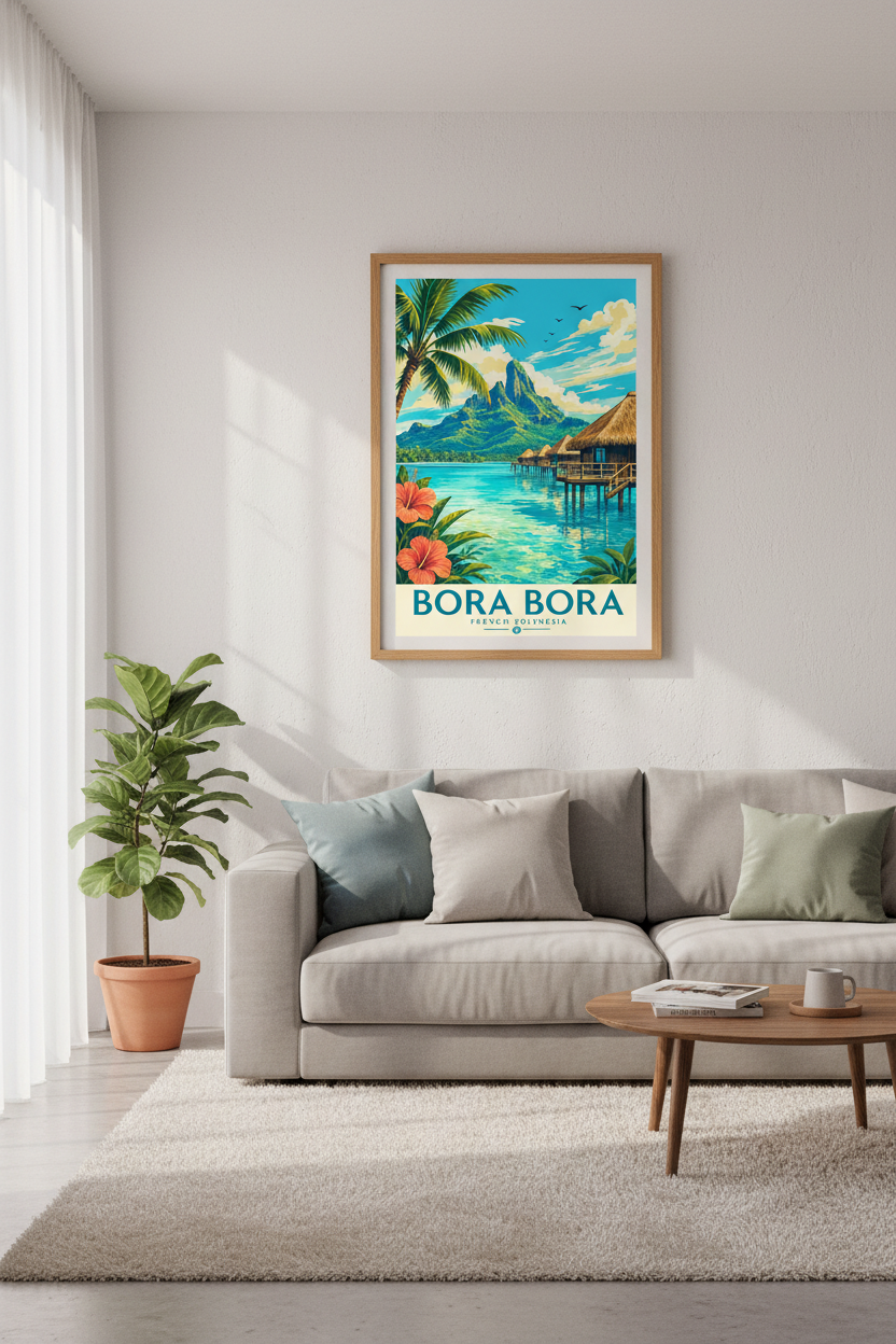 Bora Bora Travel Poster | Tropical French Polynesia Art Print, Retro Coastal Decor