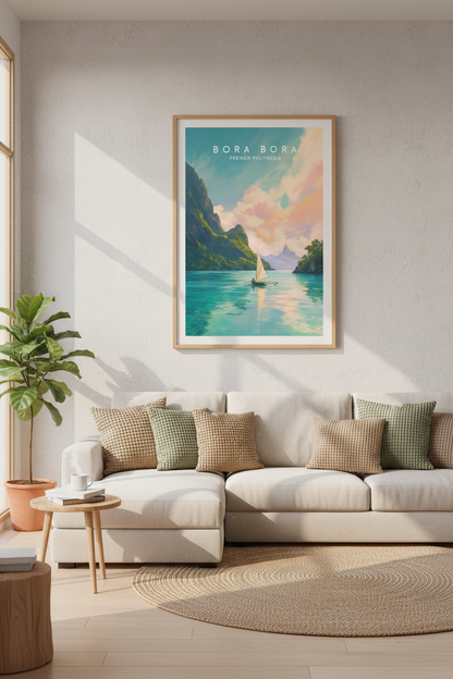 Bora Bora Travel Poster | Tropical Coastal Wall Art, Pastel Beach House Decor